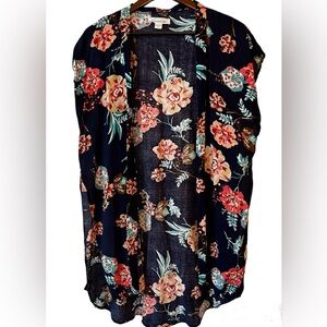 Francesa’s Navy Red Floral Open Front No Tie Kimono Shawl Swim Cover One Size